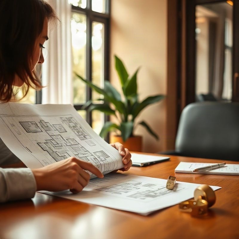 Profissional revisando plantas arquitetônicas sobre mesa em escritório