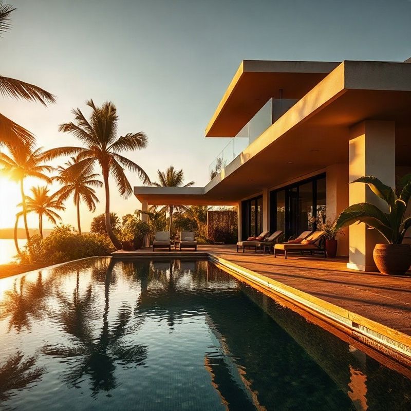 Casa contemporânea no Lago Sul com piscina em luz do entardecer